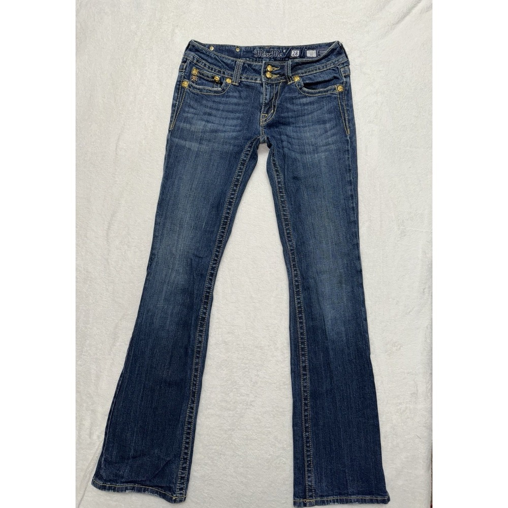 Miss Me Womens Bootcut Jeans Medium Wash Low Rise Gold Embellished Sz 28